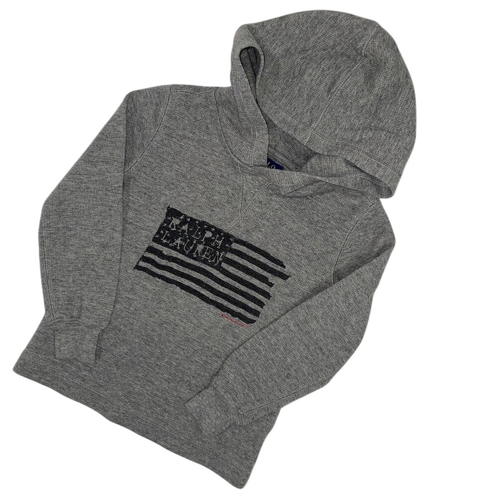 Polo Ralph Lauren Gray Waffle Knit Hoodie American Flag Graphic Pullover Size 4T